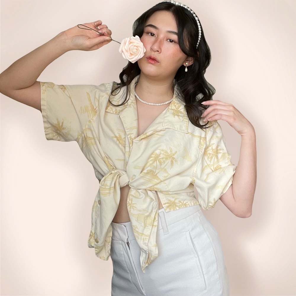 Vintage cream tropical palm tree print silk short